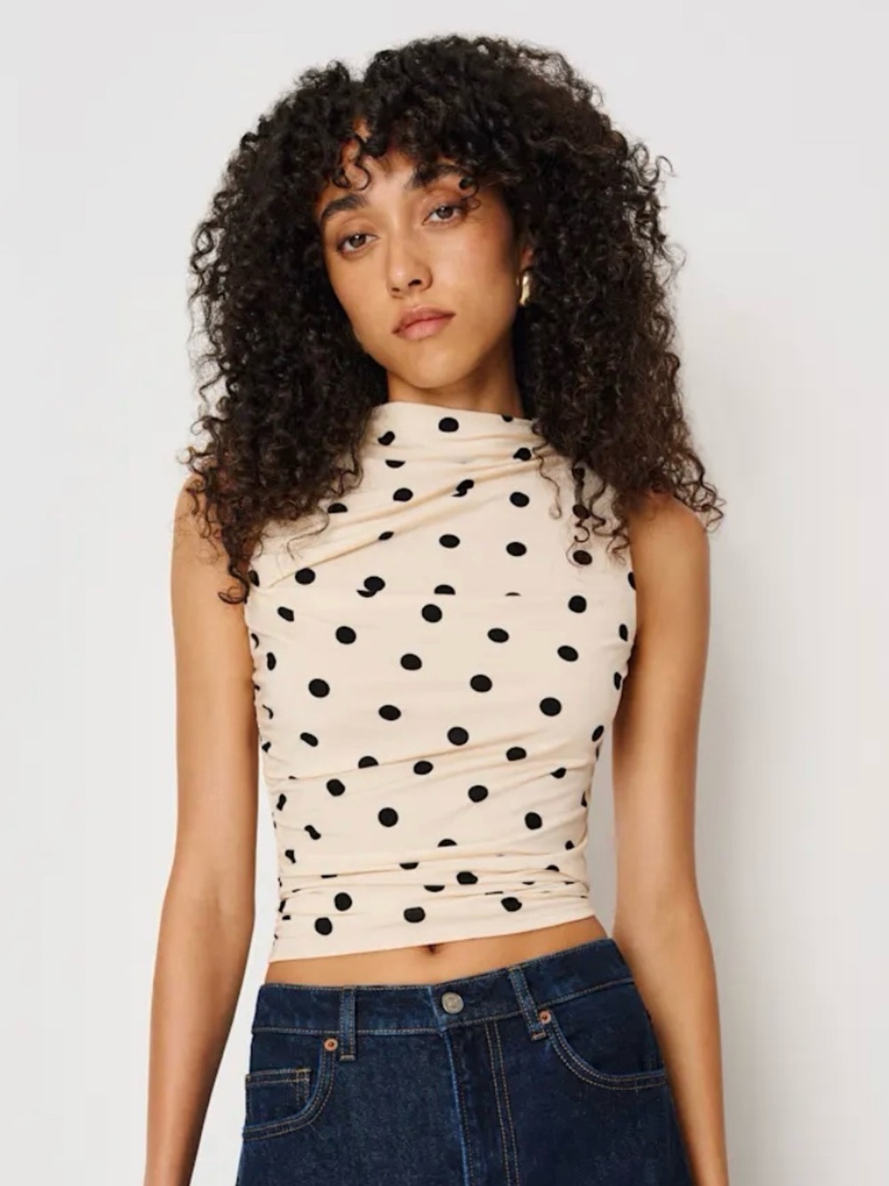 Reformation Marlo Knit Top Cream Black Polka Dot Ruched Size XS